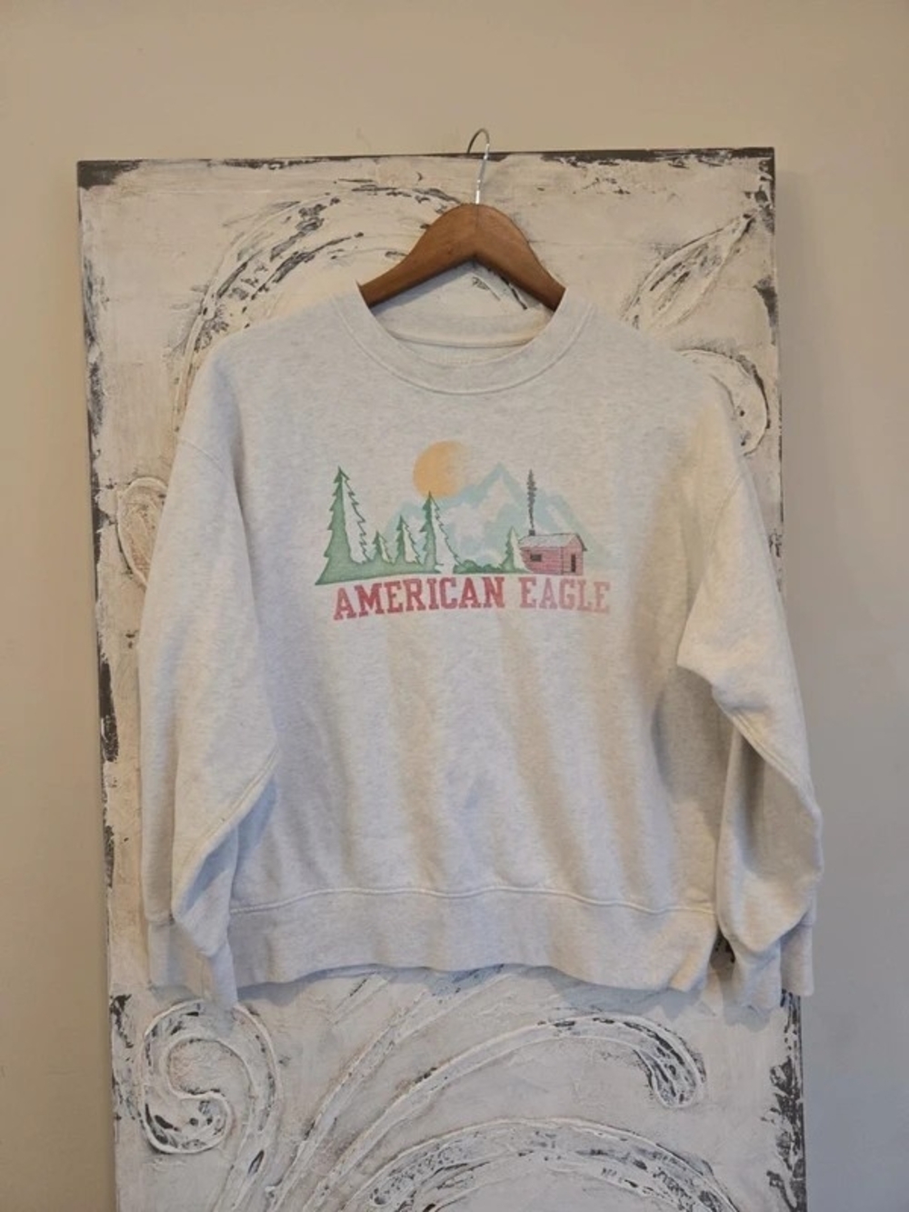 American Eagle Outfitters Cream Crewneck Sweatshirt with Pastel Scenic Graphic